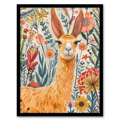 Artery8 Framed Wall Art Lady Llama With Colourful Flowers Watercolour12X16 Inch from B&Q