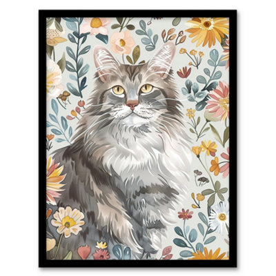 Artery8 Cat Lover Maine Boho Floral Pet Portrait Wall Art PrintA4 Size from B&Q