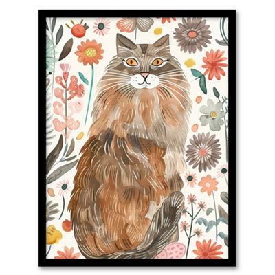 Artery8 Cat Lover Maine Folk Art Floral Watercolour Wall Art PrintA4 Size from B&Q