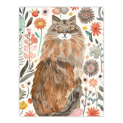 Artery8 Unframed Wall Art Cat Lover Mainecoon Folk Art Floral Watercolour12X16 Inch from B&Q