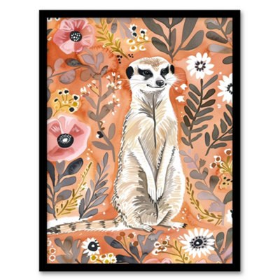 Artery8 Framed Wall Art Cute Meerkat With Wildflowers Orange Watercolour12X16 Inch from B&Q