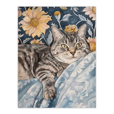 Artery8 Unframed Wall Art Cat Lover Tabby Moggie Elegant Floral Portrait12X16 Inch from B&Q