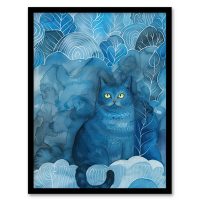 Artery8 Framed Wall Art Moggie Cat Lover Nocturnal Blue Dream Watercolour12X16 Inch from B&Q
