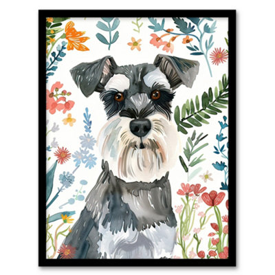 Artery8 Framed Wall Art Dog Lover Miniature Schnauzer Floral Portrait12X16 Inch from B&Q