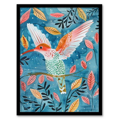 Artery8 Hummingbird Folk Art Pink Blue Orange Watercolour Wall Art PrintA4 Size from B&Q