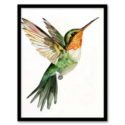 Artery8 Framed Wall Art Hummingbird In Flight Green Orange Watercolour12X16 Inch from B&Q