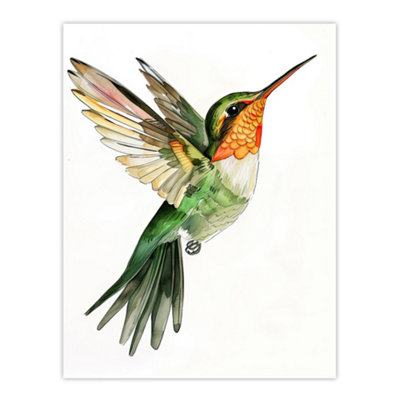 Artery8 Unframed Wall Art Hummingbird In Flight Green Orange Watercolour12X16 Inch from B&Q
