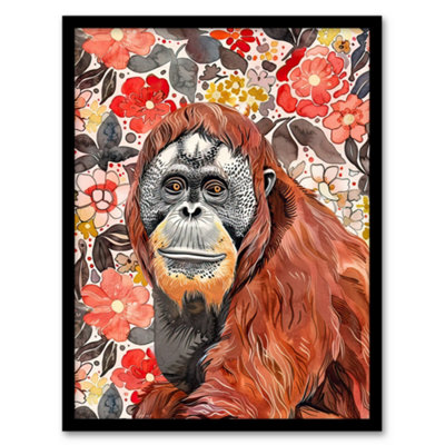 B&Q -  Orangutan With Red Blooming Flowers Watercolour Wall Art PrintA4 Size