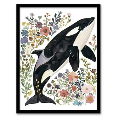 Artery8 Framed Wall Art Orca Killer Whale With Wildflowers Bright Floral12X16 Inch