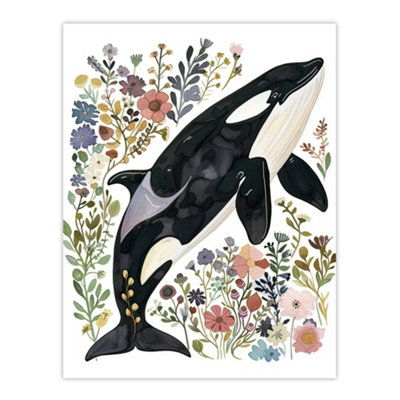 Artery8 Unframed Wall Art Orca Killer Whale With Wildflowers Bright Floral12X16 Inch