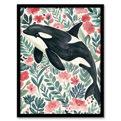 Artery8 Orca Killer Whale Flower Sea Watercolour Floral Wall Art PrintA4 Size