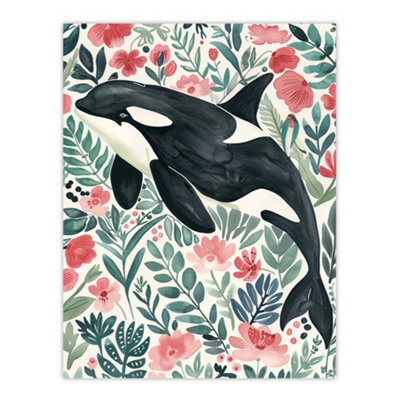 Artery8 Unframed Wall Art Orca Killer Whale Flower Sea Watercolour Floral12X16 Inch