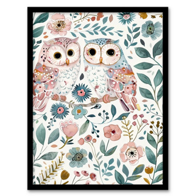 Artery8 Cute Owl Couple Pastel Colour Floral Watercolour Wall Art PrintA4 Size from B&Q