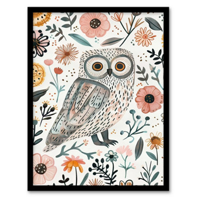 Artery8 Framed Wall Art Cute Tawny Owl With Flowers Bright Watercolour12X16 Inch from B&Q