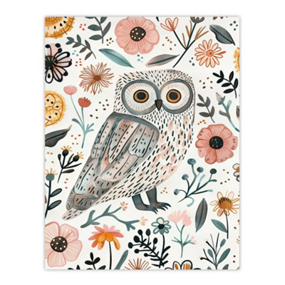 Artery8 Unframed Wall Art Cute Tawny Owl With Flowers Bright Watercolour12X16 Inch from B&Q