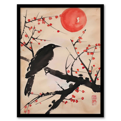 Artery8 Raven On Berry Tree Winter Sun Japanese Painting Wall Art PrintA4 Size from B&Q
