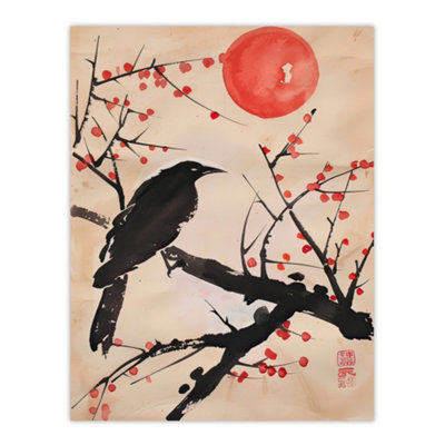 Artery8 Unframed Wall Art Raven On Berry Tree Winter Sun Japanese Painting12X16 Inch from B&Q