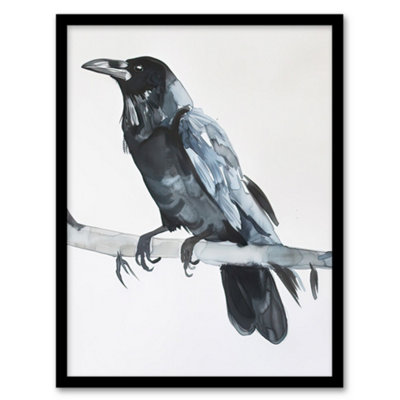 Artery8 Framed Wall Art Raven Bird On Tree Branch Bright Watercolour12X16 Inch from B&Q