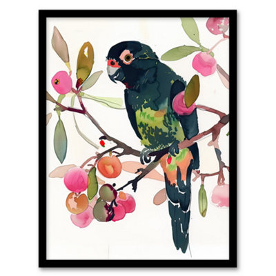 Artery8 Parrot Perched On Fruit Tree Branch Watercolour Wall Art PrintA4 Size from B&Q