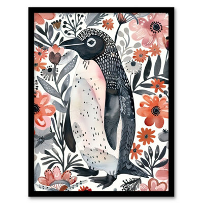 B&Q -  Framed Wall Art Penguin With Pink Flowers Watercolour Folk12X16 Inch