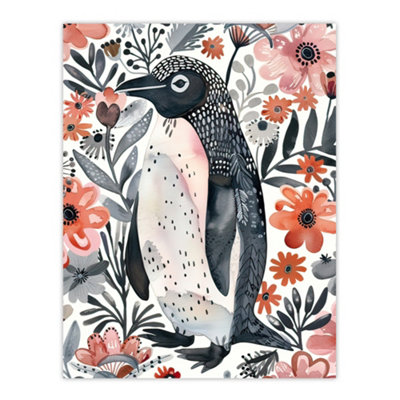 Artery8 Unframed Wall Art Penguin With Pink Flowers Watercolour Folk12X16 Inch from B&Q