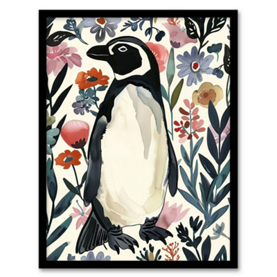Artery8 Penguin In Coastal Wildflowers Bright Floral Wall Art PrintA4 Size from B&Q