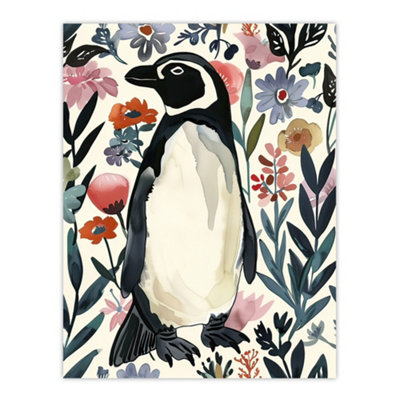 Artery8 Unframed Wall Art Penguin In Coastal Wildflowers Bright Floral12X16 Inch from B&Q