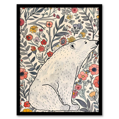 Artery8 Framed Wall Art Polar Bear Wildflower Pattern Soft Watercolour12X16 Inch from B&Q