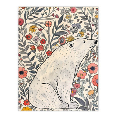 Artery8 Unframed Wall Art Polar Bear Wildflower Pattern Soft Watercolour12X16 Inch from B&Q