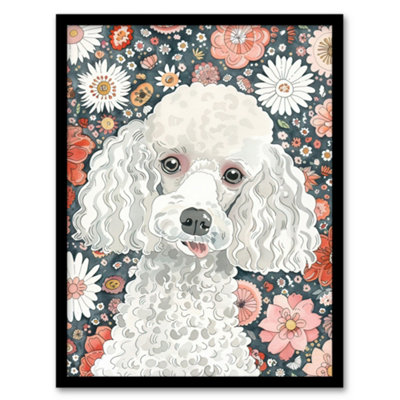 Artery8 Framed Wall Art Quirky Poodle Dog Lover Floral Pet Portrait - 12X16 Inch B&Q