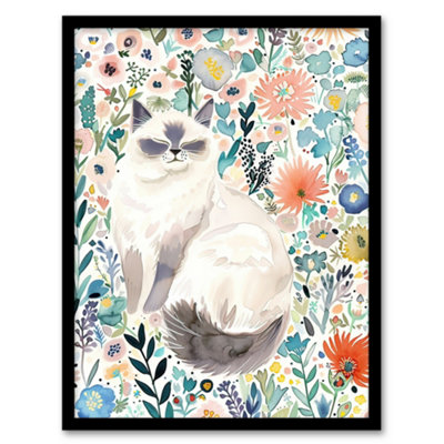 Artery8 Framed Wall Art Ragdoll Cat Lover Pet And Watercolour Wildflowers - 12X16 Inch