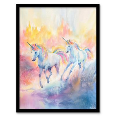 B&Q -  Framed Wall Art Dreamy Rainbow Unicorns In Pastel Colour Forest12X16 Inch