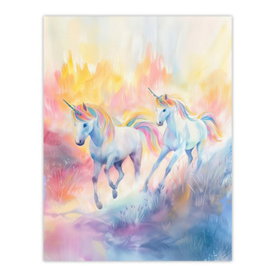 B&Q -  Unframed Wall Art Dreamy Rainbow Unicorns In Pastel Colour Forest12X16 Inch