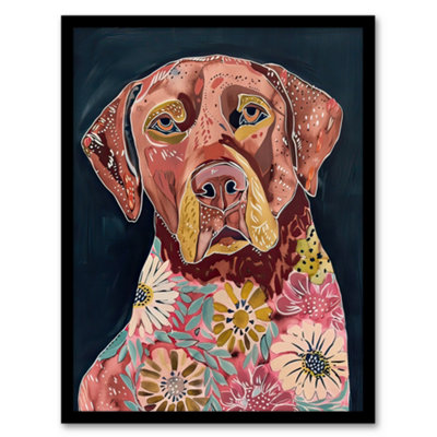 Artery8 Framed Wall Art Dog Lover Floral Red Labrador Folk Watercolour12X16 Inch from B&Q