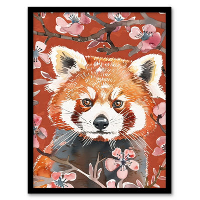 Artery8 Red Panda Cherry Blossom Tree Branch Watercolour Wall Art PrintA4 Size from B&Q
