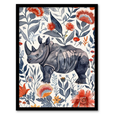 Artery8 Framed Wall Art Rhinoceros Rhino Blue Red Floral Pattern Portrait12X16 Inch from B&Q