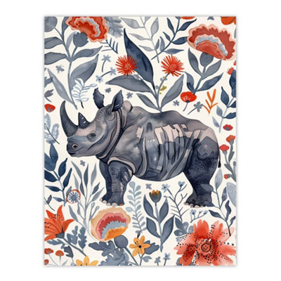 Artery8 Unframed Wall Art Rhinoceros Rhino Blue Red Floral Pattern Portrait12X16 Inch from B&Q