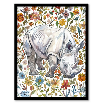 Artery8 Rhinoceros Rhino In Wildflower Meadow Watercolour Wall Art PrintA4 Size from B&Q