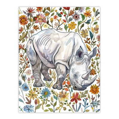 Artery8 Unframed Wall Art Rhinoceros Rhino In Wildflower Meadow Watercolour12X16 Inch from B&Q