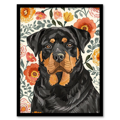Artery8 Rottweiler Dog Lover Bright Floral Pet Portrait Wall Art PrintA4 Size from B&Q