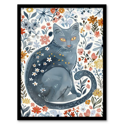 Artery8 Cat Lover Russian Blue With Bright Wildflowers Wall Art PrintA4 Size from B&Q