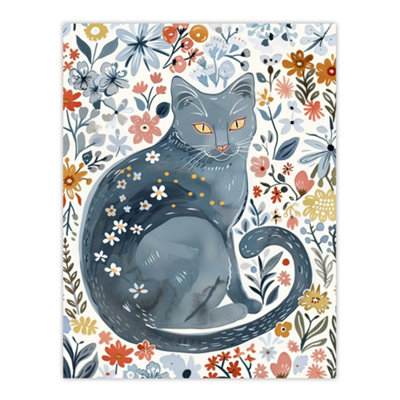 Artery8 Unframed Wall Art Cat Lover Russian Blue With Bright Wildflowers12X16 Inch from B&Q