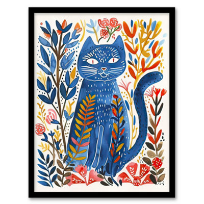 Artery8 Russian Blue Cat Lover Fun Botanical Folk Wall Art Wall Art PrintA4 Size from B&Q
