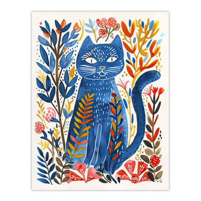 Artery8 Unframed Wall Art Russian Blue Cat Lover Fun Botanical Folk12X16 Inch from B&Q