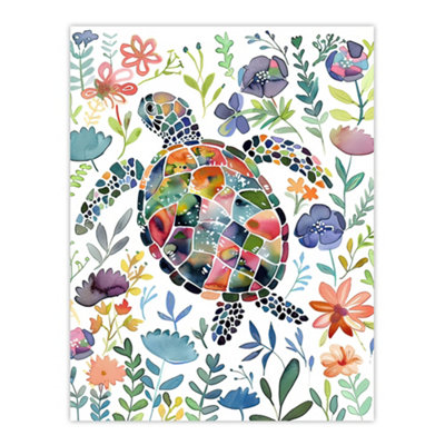 Artery8 Unframed Wall Art Abstract Sea Turtle Colourful Floral Watercolour12X16 Inch from B&Q