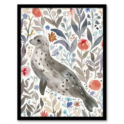 Artery8 Happy Seal With Coastal Wildflowers Watercolour Wall Art PrintA4 Size from B&Q