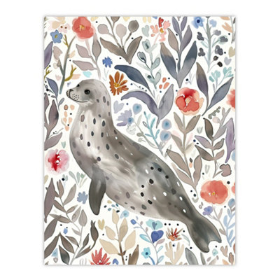 Artery8 Unframed Wall Art Happy Seal With Coastal Wildflowers Watercolour12X16 Inch from B&Q