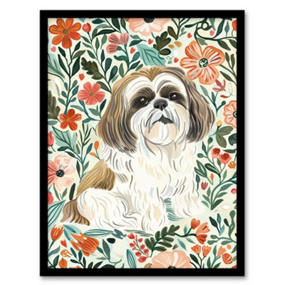 Artery8 Framed Wall Art Cute Shih Tzu Dog Lover Rustic Floral Portrait12X16 Inch from B&Q
