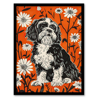 Artery8 Framed Wall Art Shih Tzu With Daisies Red Floral Dog Lover12X16 Inch from B&Q