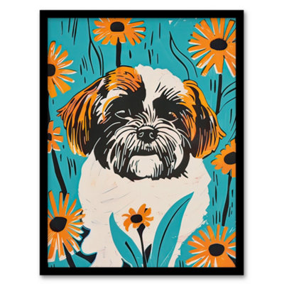 Artery8 Vibrant Shih Tzu Daisy Portrait Dog Lover Floral Wall Art PrintA4 Size from B&Q